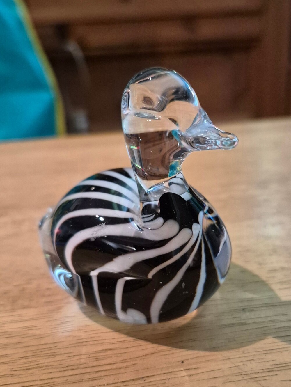 Art Glass Black & White Swirly Duck Paperweight Decor Figurine